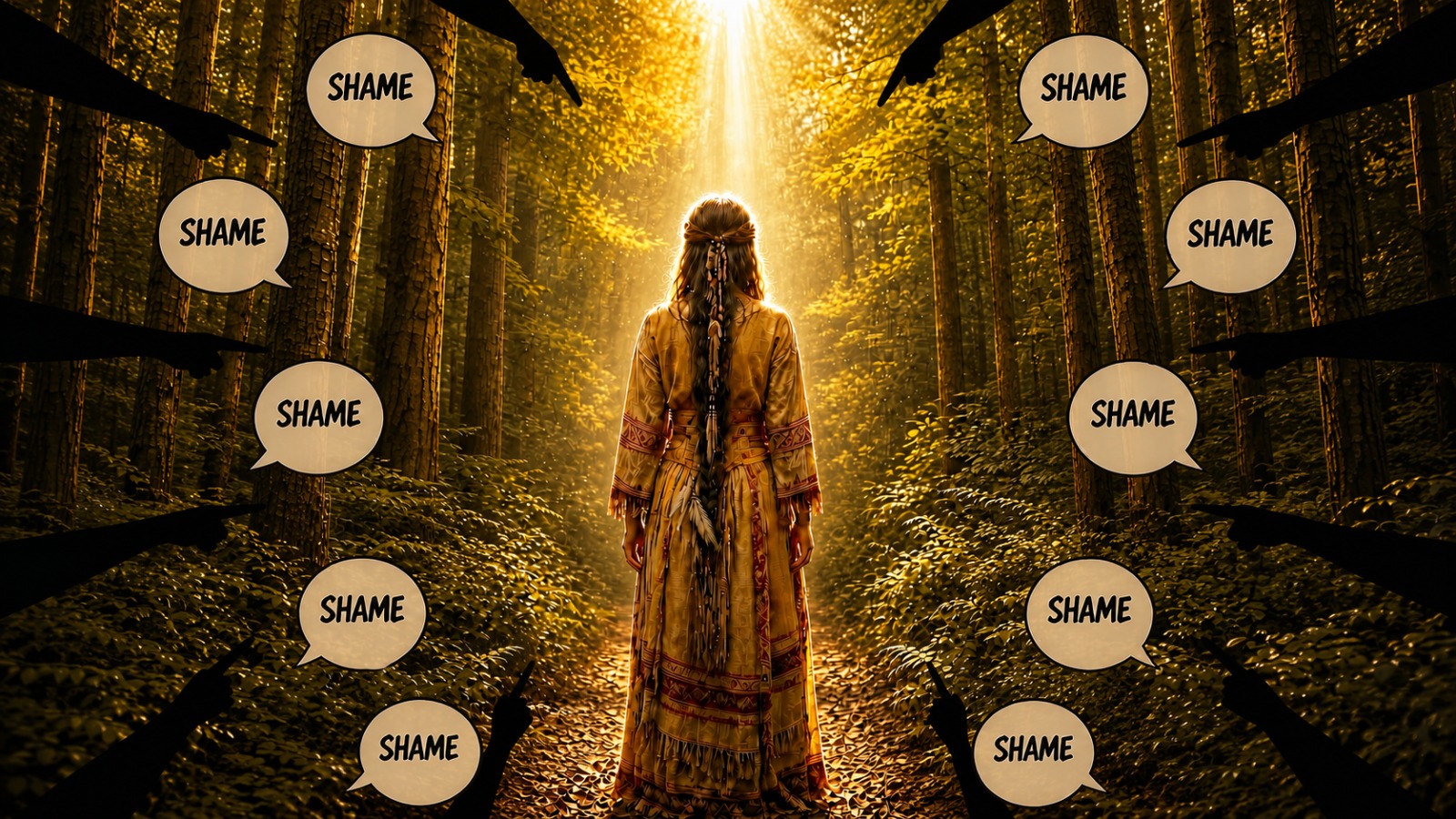 A woman walking toward the light while pointing hands surround her with accusations of shame