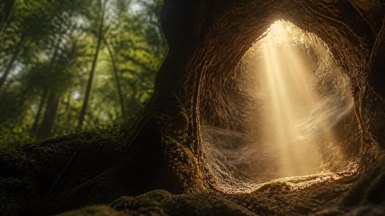 Light pouring down into a hollow cave inside a mossy tree root