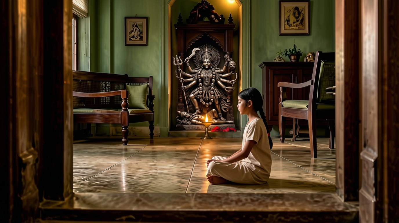A young girl seated before a statue of Kali in a home shrine