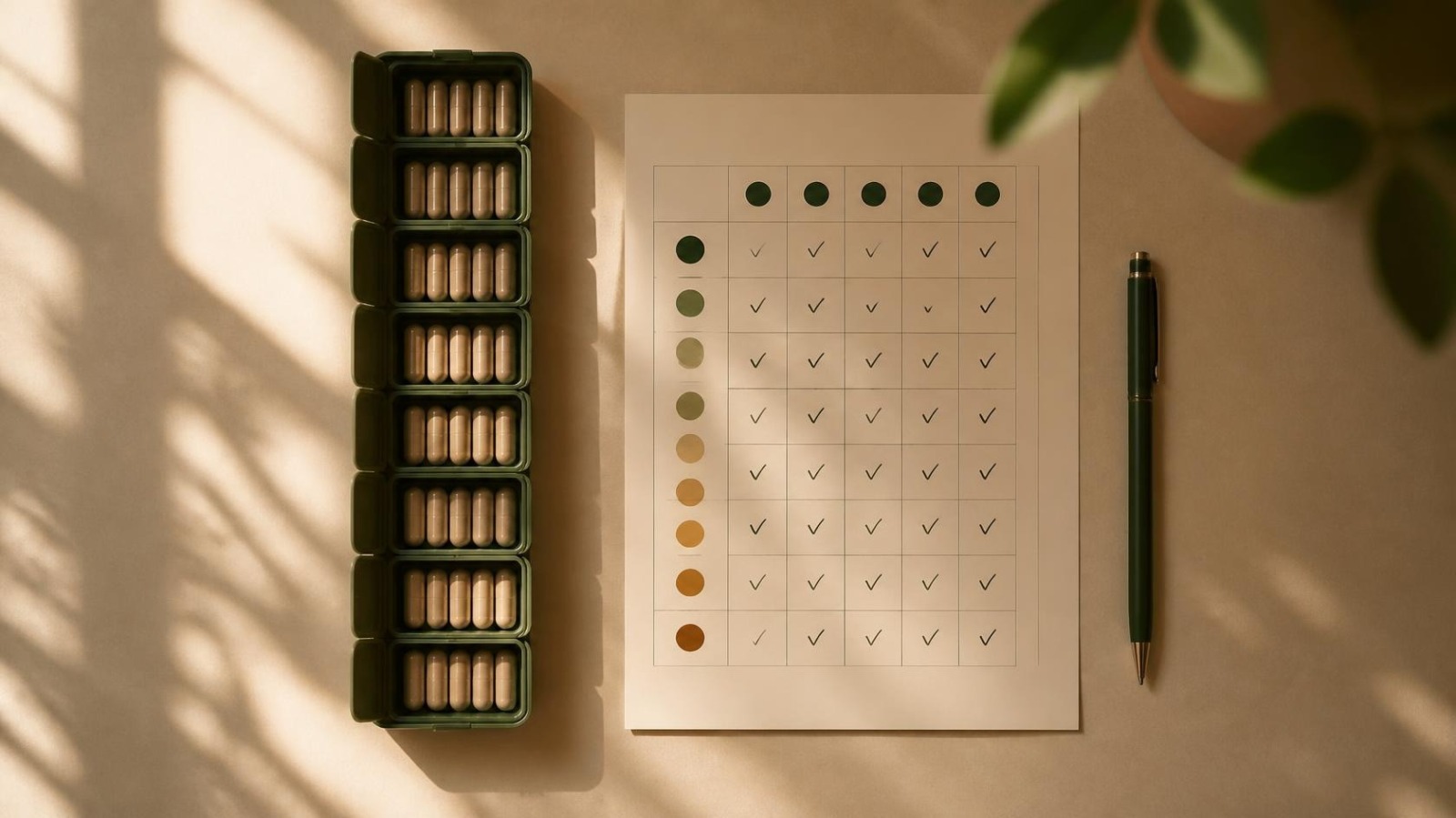 Supplement trays beside a completed daily protocol chart and pen
